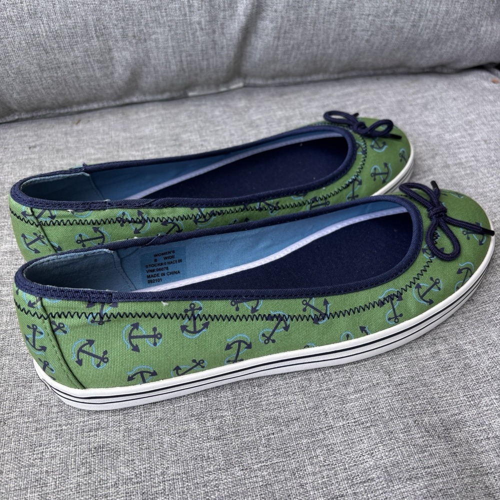 L.L. Bean Women's 8W Boat Sneaker Shoes Canvas Green Blue Nautical Anchors - Picture 7 of 14
